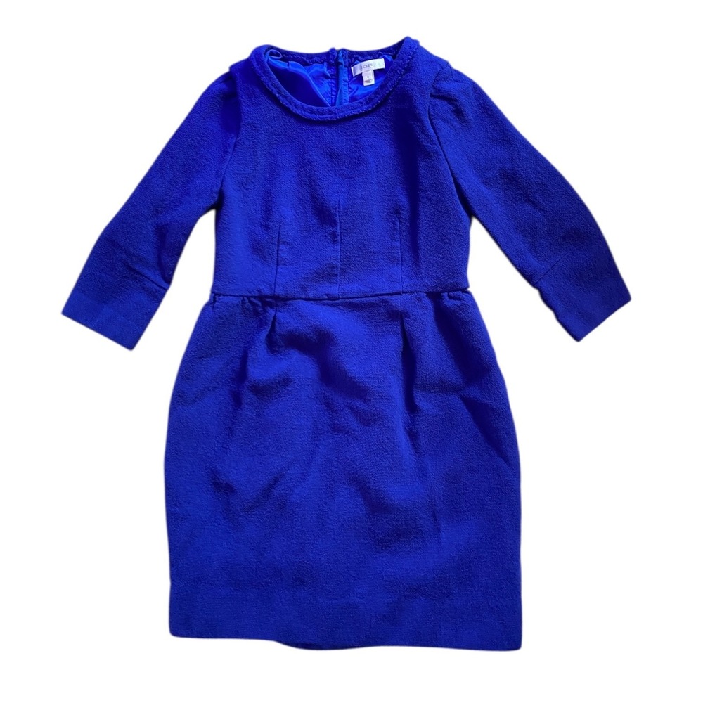 J.Crew Teddie Crepe Wool Dress 8 Royal Blue 3/4 Sleeve Lined Sheath AβLine